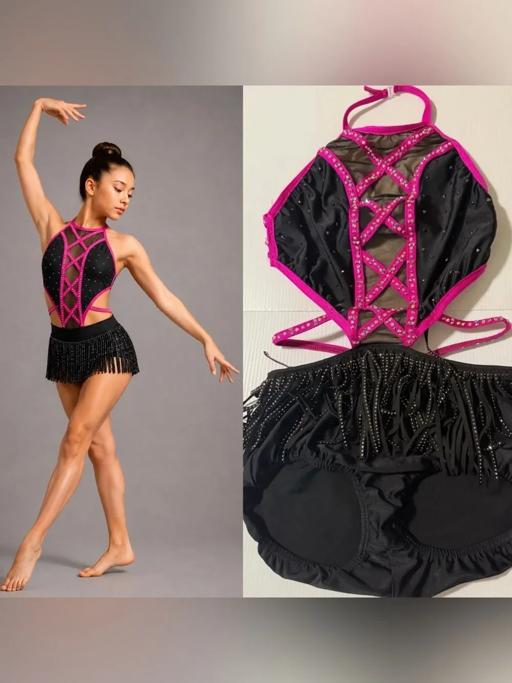Pumpers jazz dance costume custom solo pink illusion black jazz fringe MA adult